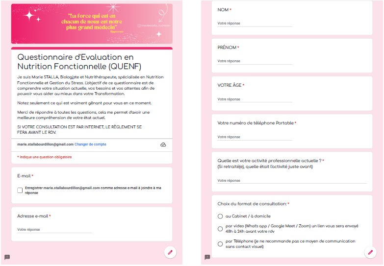 Questionnaire d'évaluation en Nutrition Fonctionnelle